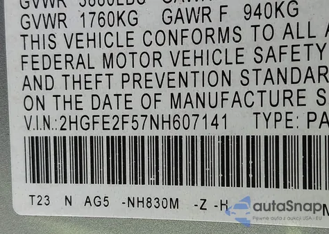2022 Honda Civic Sport from USA, damaged, VIN 2HGFE2F57NH607141